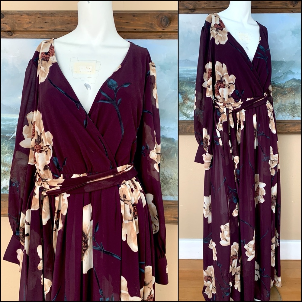 NWT Burgundy Long Sleeve Floral Maxi Dress | V-Neck Plus Size Full Length Dress